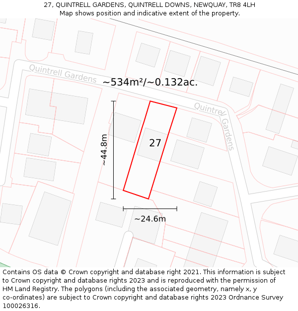 27, QUINTRELL GARDENS, QUINTRELL DOWNS, NEWQUAY, TR8 4LH: Plot and title map