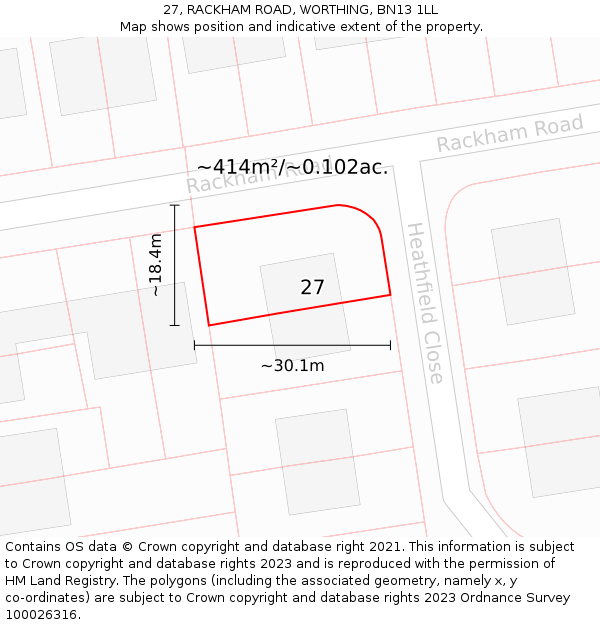 27, RACKHAM ROAD, WORTHING, BN13 1LL: Plot and title map