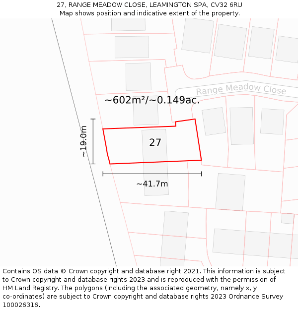 27, RANGE MEADOW CLOSE, LEAMINGTON SPA, CV32 6RU: Plot and title map