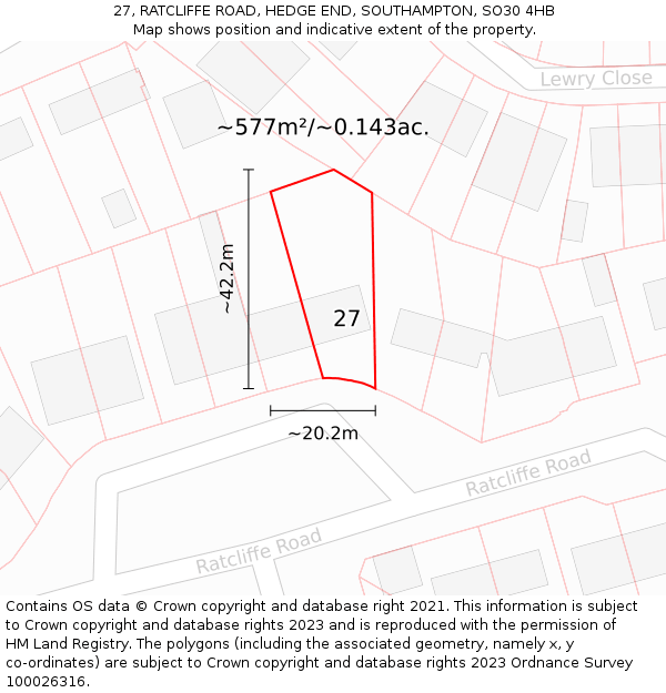 27, RATCLIFFE ROAD, HEDGE END, SOUTHAMPTON, SO30 4HB: Plot and title map