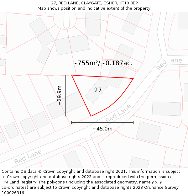 27, RED LANE, CLAYGATE, ESHER, KT10 0EP: Plot and title map