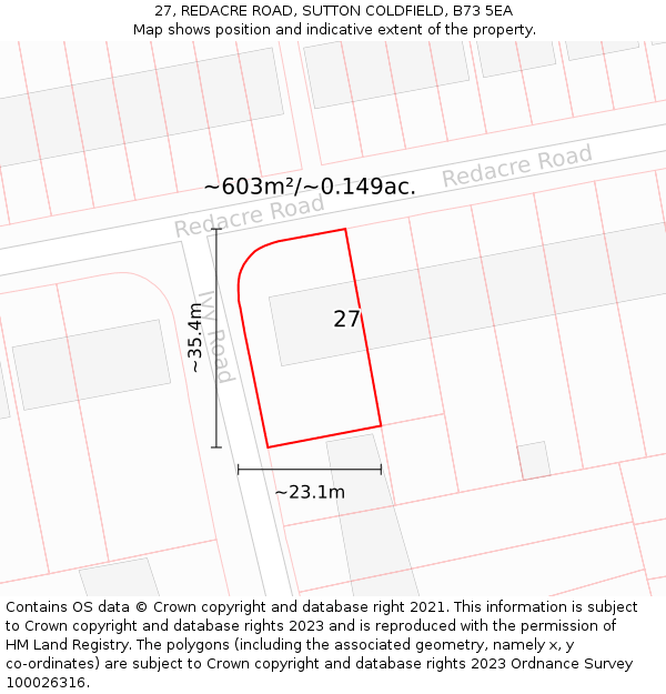 27, REDACRE ROAD, SUTTON COLDFIELD, B73 5EA: Plot and title map