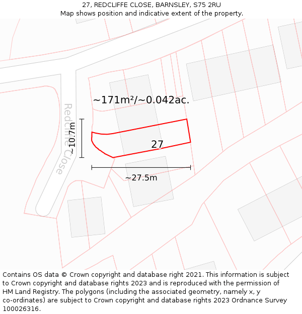 27, REDCLIFFE CLOSE, BARNSLEY, S75 2RU: Plot and title map