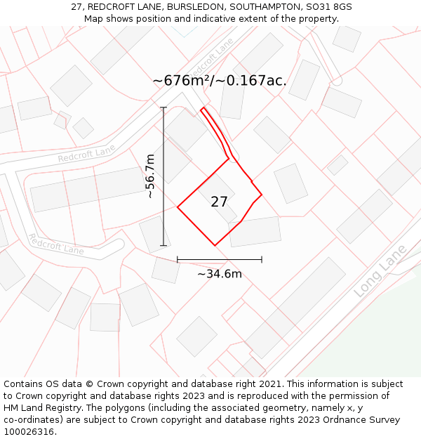 27, REDCROFT LANE, BURSLEDON, SOUTHAMPTON, SO31 8GS: Plot and title map