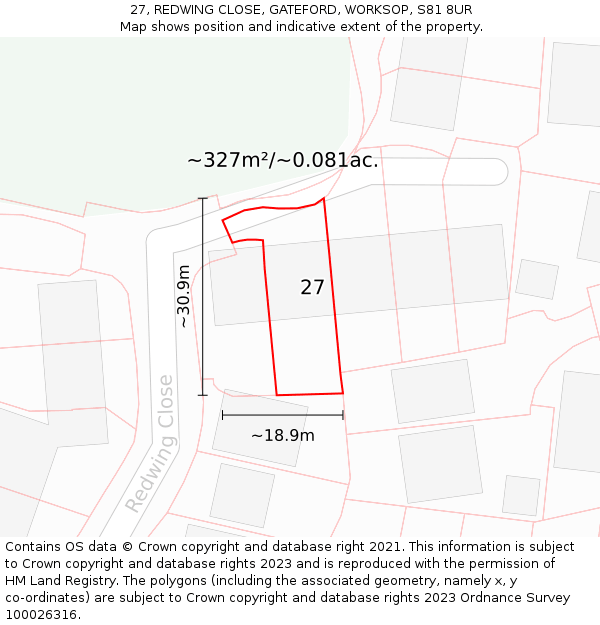 27, REDWING CLOSE, GATEFORD, WORKSOP, S81 8UR: Plot and title map