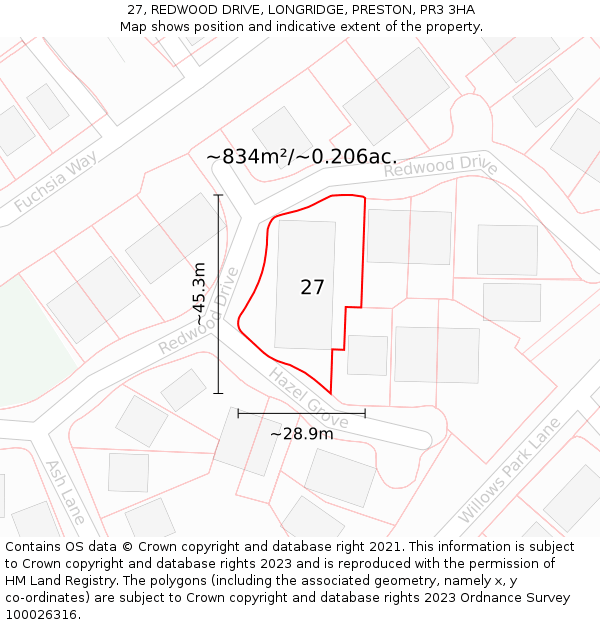 27, REDWOOD DRIVE, LONGRIDGE, PRESTON, PR3 3HA: Plot and title map