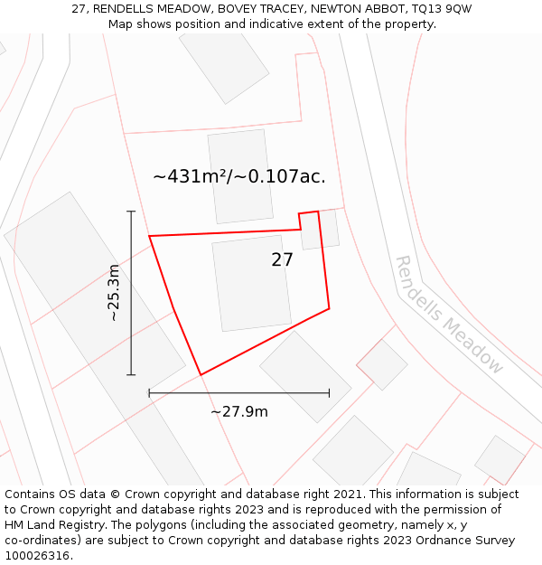 27, RENDELLS MEADOW, BOVEY TRACEY, NEWTON ABBOT, TQ13 9QW: Plot and title map