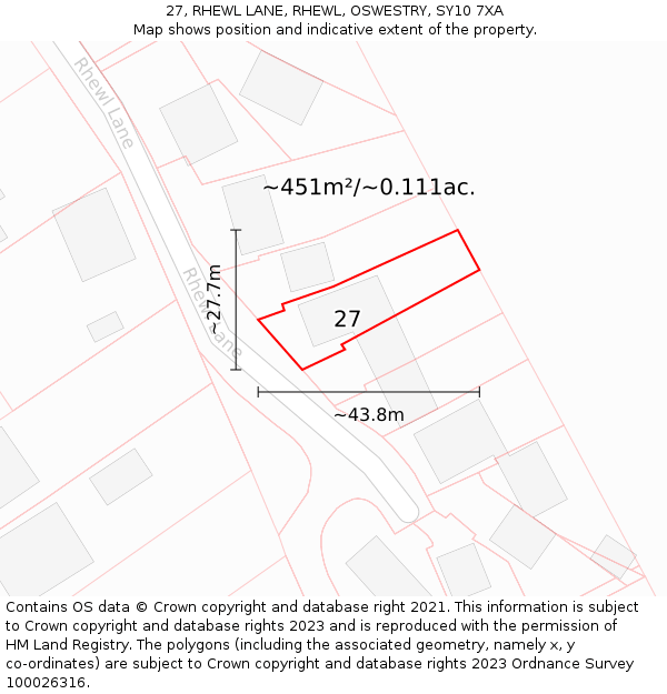 27, RHEWL LANE, RHEWL, OSWESTRY, SY10 7XA: Plot and title map