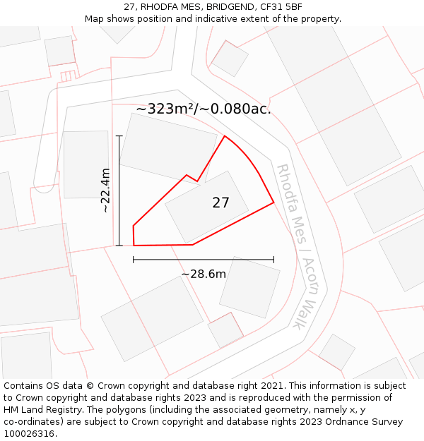 27, RHODFA MES, BRIDGEND, CF31 5BF: Plot and title map