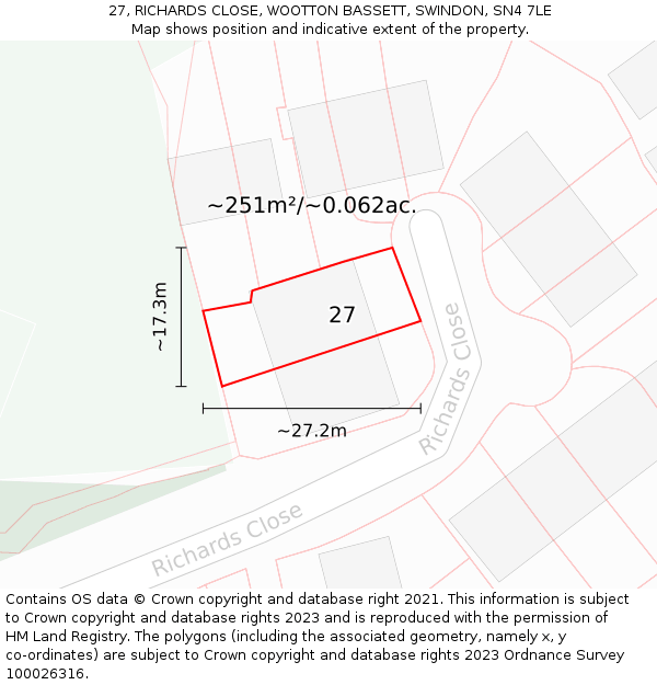 27, RICHARDS CLOSE, WOOTTON BASSETT, SWINDON, SN4 7LE: Plot and title map