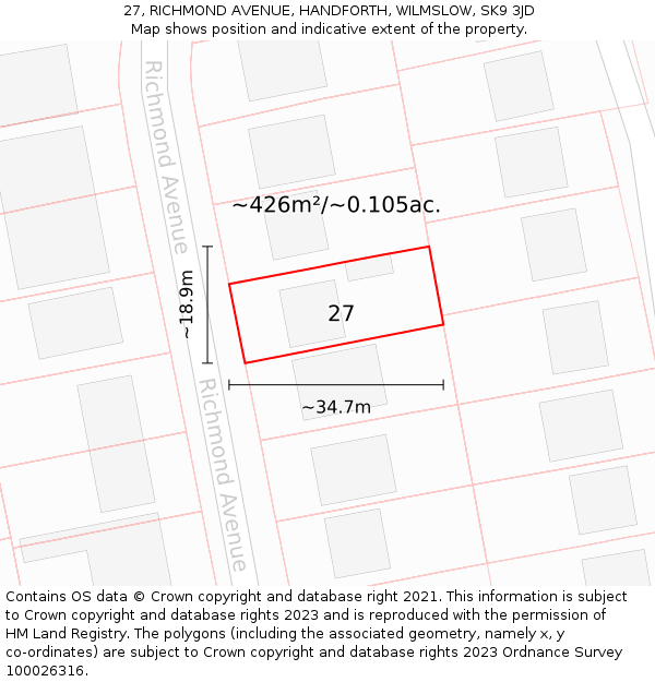 27, RICHMOND AVENUE, HANDFORTH, WILMSLOW, SK9 3JD: Plot and title map