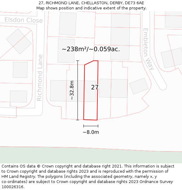 27, RICHMOND LANE, CHELLASTON, DERBY, DE73 6AE: Plot and title map