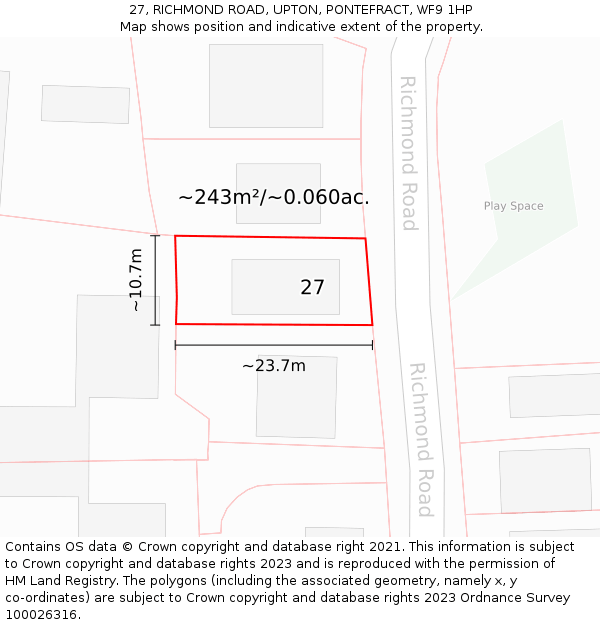 27, RICHMOND ROAD, UPTON, PONTEFRACT, WF9 1HP: Plot and title map