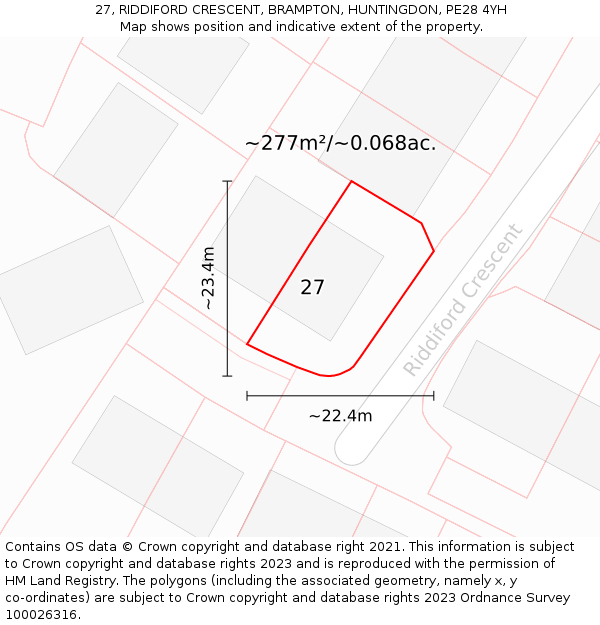 27, RIDDIFORD CRESCENT, BRAMPTON, HUNTINGDON, PE28 4YH: Plot and title map