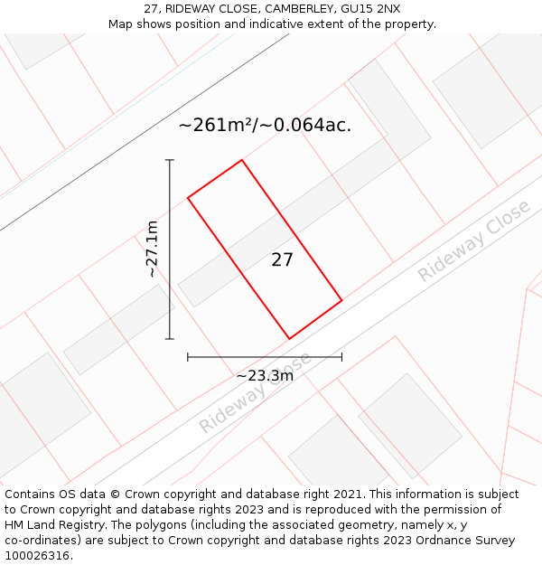 27, RIDEWAY CLOSE, CAMBERLEY, GU15 2NX: Plot and title map