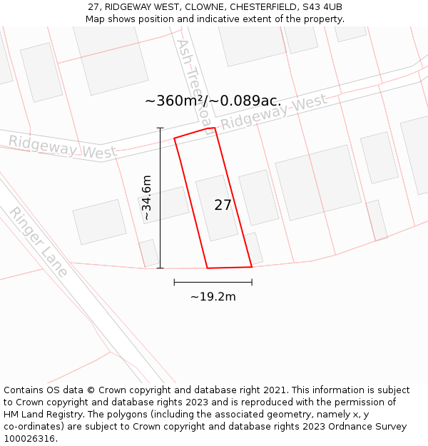 27, RIDGEWAY WEST, CLOWNE, CHESTERFIELD, S43 4UB: Plot and title map
