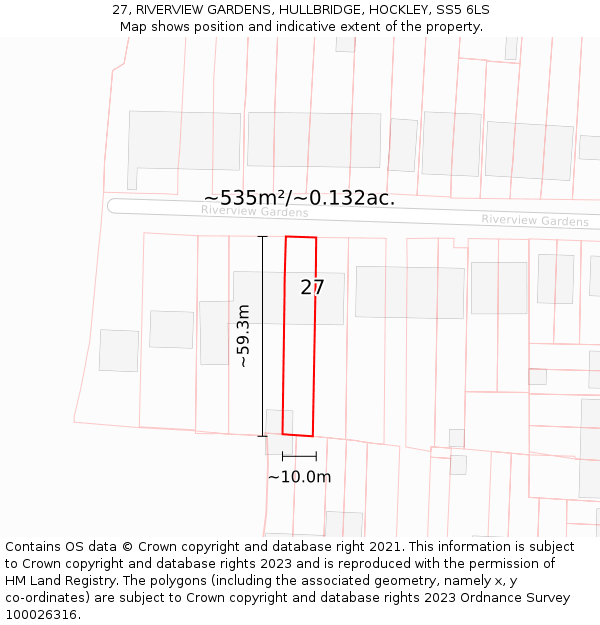 27, RIVERVIEW GARDENS, HULLBRIDGE, HOCKLEY, SS5 6LS: Plot and title map