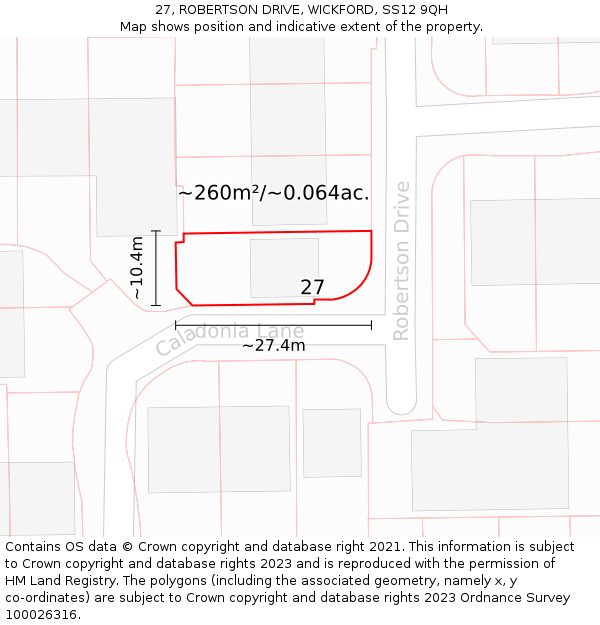 27, ROBERTSON DRIVE, WICKFORD, SS12 9QH: Plot and title map