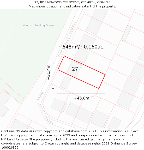 27, ROBINSWOOD CRESCENT, PENARTH, CF64 3JF: Plot and title map
