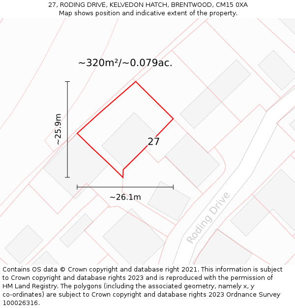 27, RODING DRIVE, KELVEDON HATCH, BRENTWOOD, CM15 0XA: Plot and title map