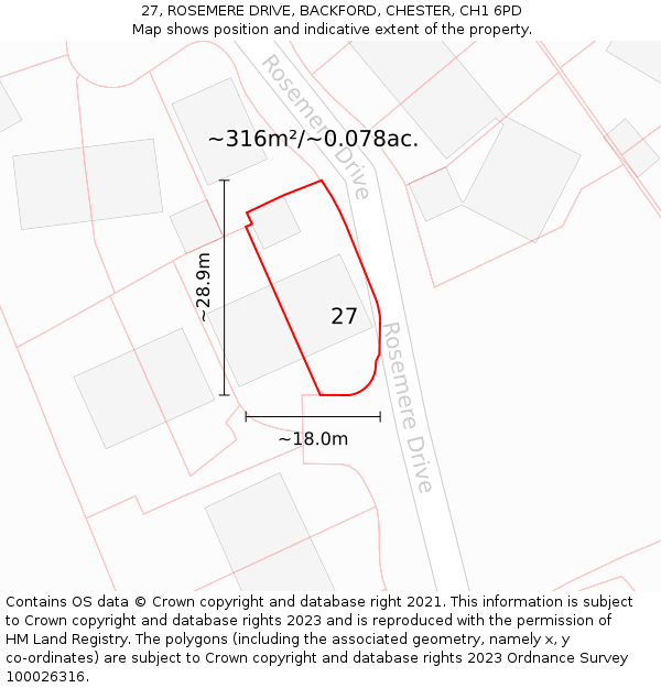 27, ROSEMERE DRIVE, BACKFORD, CHESTER, CH1 6PD: Plot and title map