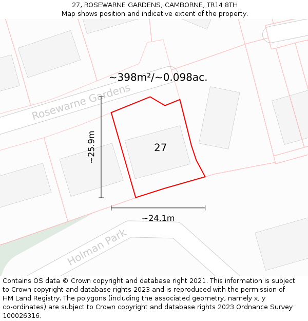 27, ROSEWARNE GARDENS, CAMBORNE, TR14 8TH: Plot and title map