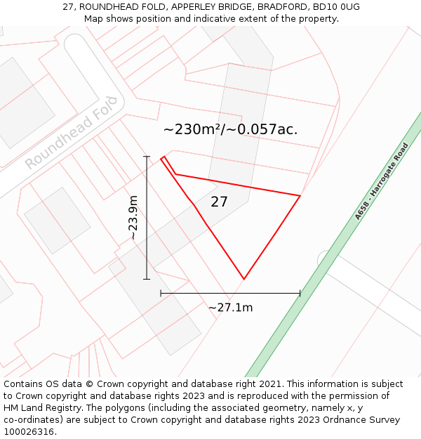 27, ROUNDHEAD FOLD, APPERLEY BRIDGE, BRADFORD, BD10 0UG: Plot and title map