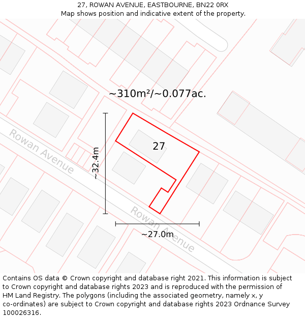 27, ROWAN AVENUE, EASTBOURNE, BN22 0RX: Plot and title map