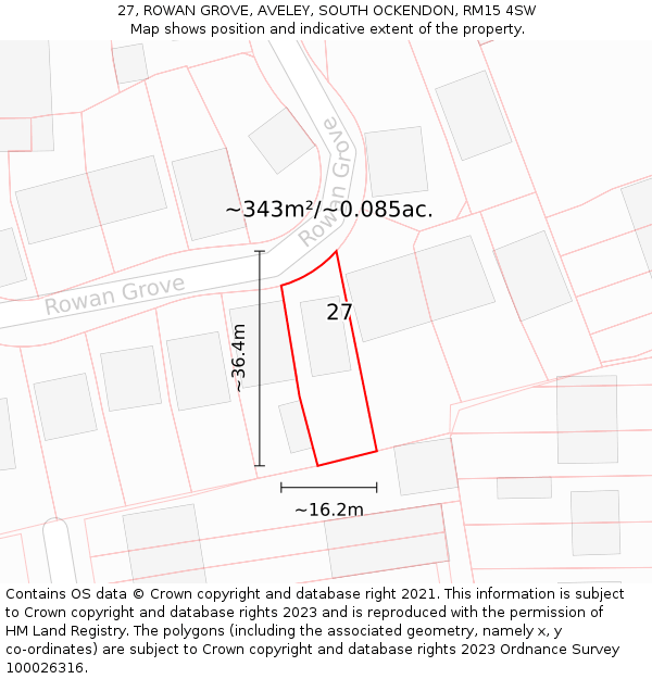 27, ROWAN GROVE, AVELEY, SOUTH OCKENDON, RM15 4SW: Plot and title map