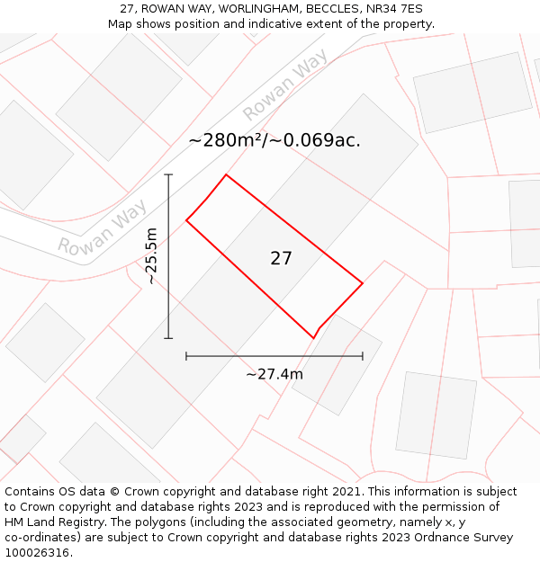 27, ROWAN WAY, WORLINGHAM, BECCLES, NR34 7ES: Plot and title map