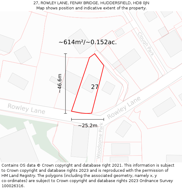 27, ROWLEY LANE, FENAY BRIDGE, HUDDERSFIELD, HD8 0JN: Plot and title map
