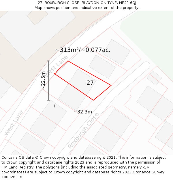 27, ROXBURGH CLOSE, BLAYDON-ON-TYNE, NE21 6QJ: Plot and title map