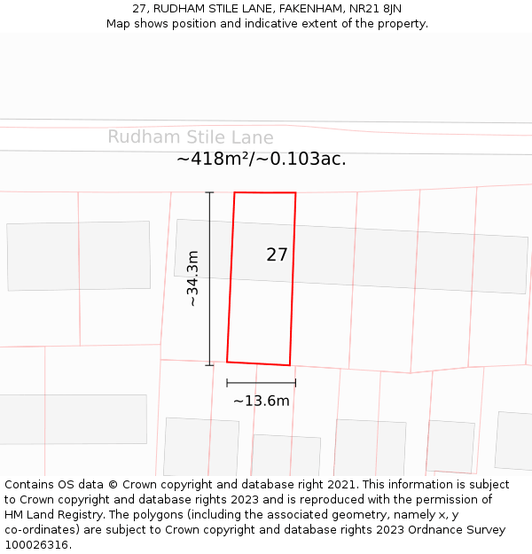 27, RUDHAM STILE LANE, FAKENHAM, NR21 8JN: Plot and title map