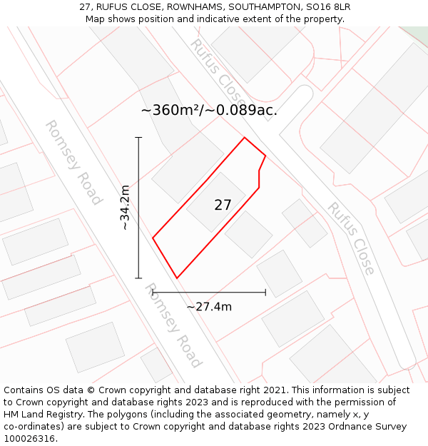 27, RUFUS CLOSE, ROWNHAMS, SOUTHAMPTON, SO16 8LR: Plot and title map