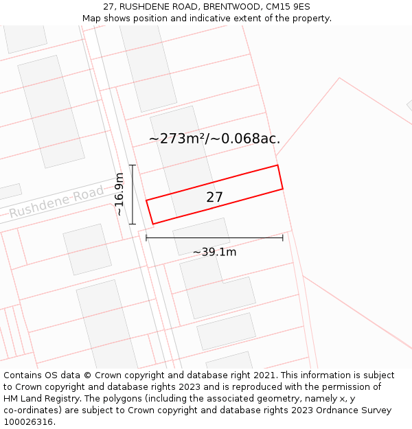 27, RUSHDENE ROAD, BRENTWOOD, CM15 9ES: Plot and title map