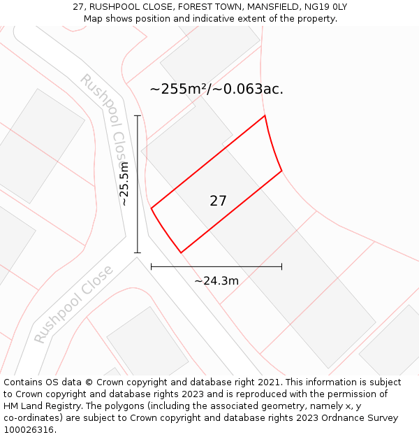 27, RUSHPOOL CLOSE, FOREST TOWN, MANSFIELD, NG19 0LY: Plot and title map