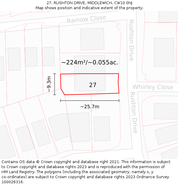 27, RUSHTON DRIVE, MIDDLEWICH, CW10 0NJ: Plot and title map