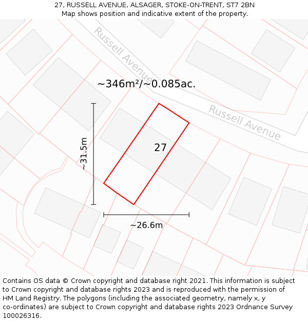 27, RUSSELL AVENUE, ALSAGER, STOKE-ON-TRENT, ST7 2BN: Plot and title map