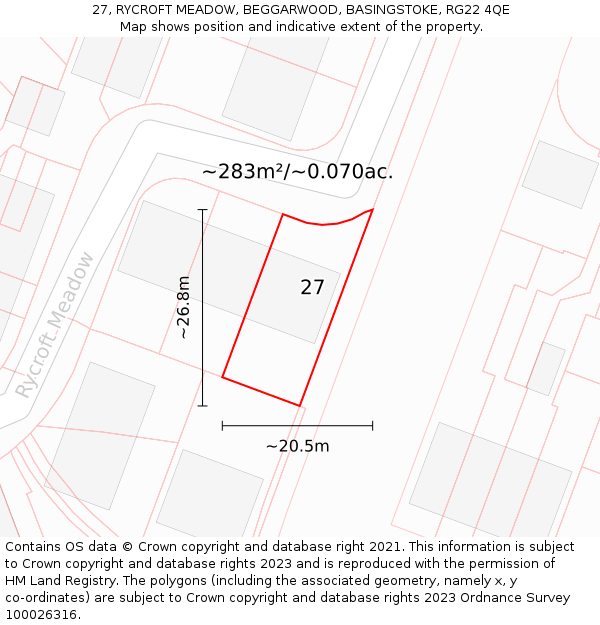 27, RYCROFT MEADOW, BEGGARWOOD, BASINGSTOKE, RG22 4QE: Plot and title map