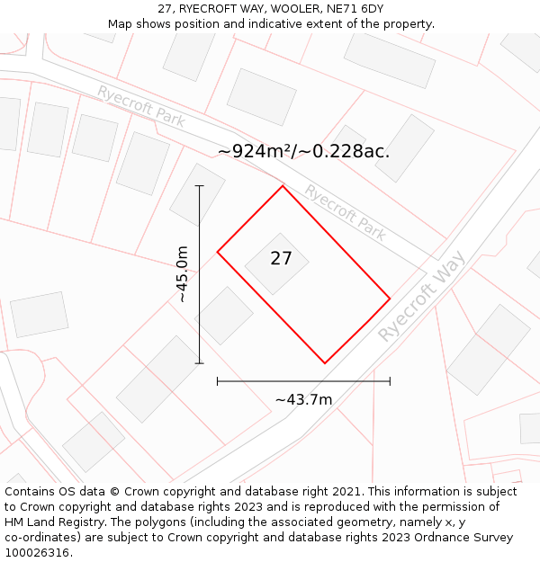 27, RYECROFT WAY, WOOLER, NE71 6DY: Plot and title map
