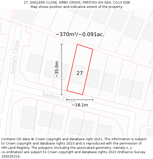 27, SADLERS CLOSE, KIRBY CROSS, FRINTON-ON-SEA, CO13 0QB: Plot and title map