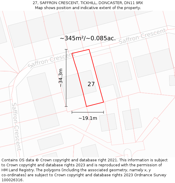 27, SAFFRON CRESCENT, TICKHILL, DONCASTER, DN11 9RX: Plot and title map