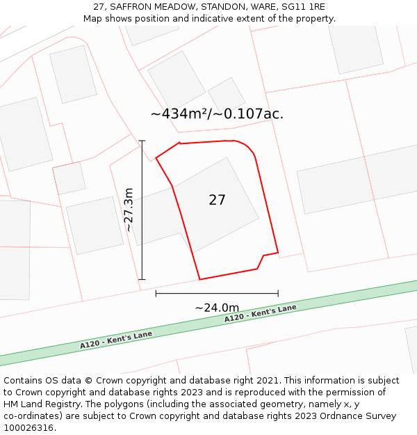 27, SAFFRON MEADOW, STANDON, WARE, SG11 1RE: Plot and title map