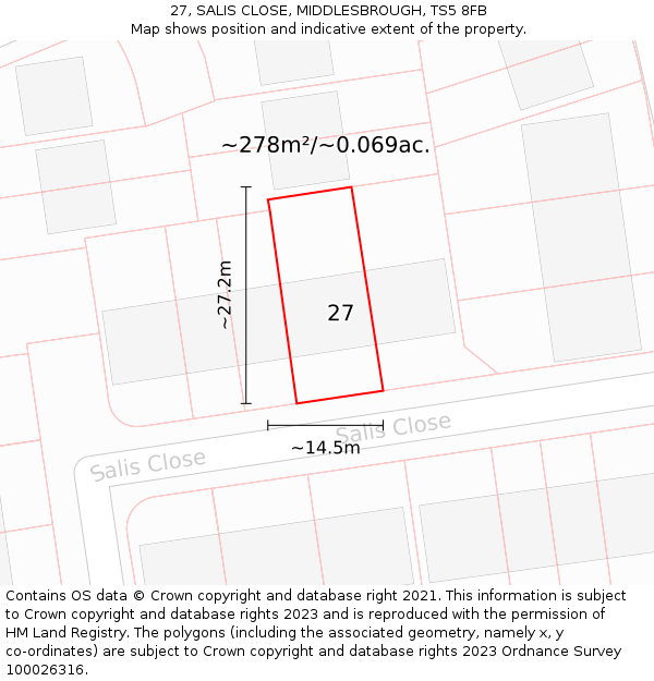 27, SALIS CLOSE, MIDDLESBROUGH, TS5 8FB: Plot and title map