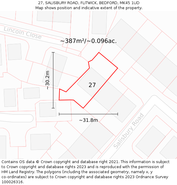 27, SALISBURY ROAD, FLITWICK, BEDFORD, MK45 1UD: Plot and title map