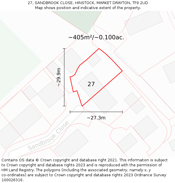 27, SANDBROOK CLOSE, HINSTOCK, MARKET DRAYTON, TF9 2UD: Plot and title map