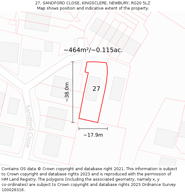 27, SANDFORD CLOSE, KINGSCLERE, NEWBURY, RG20 5LZ: Plot and title map