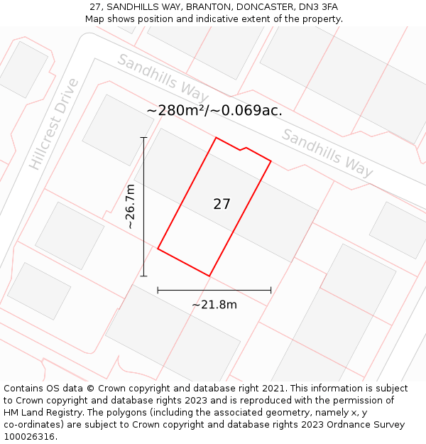 27, SANDHILLS WAY, BRANTON, DONCASTER, DN3 3FA: Plot and title map