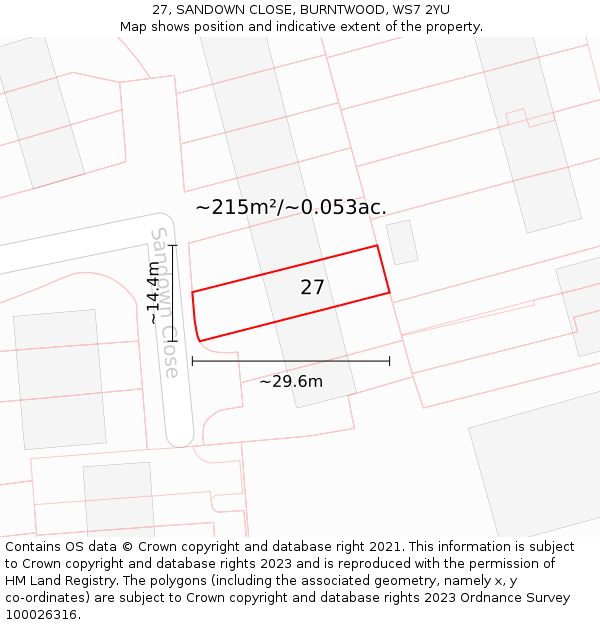 27, SANDOWN CLOSE, BURNTWOOD, WS7 2YU: Plot and title map