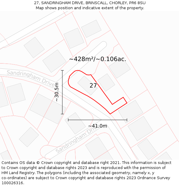 27, SANDRINGHAM DRIVE, BRINSCALL, CHORLEY, PR6 8SU: Plot and title map